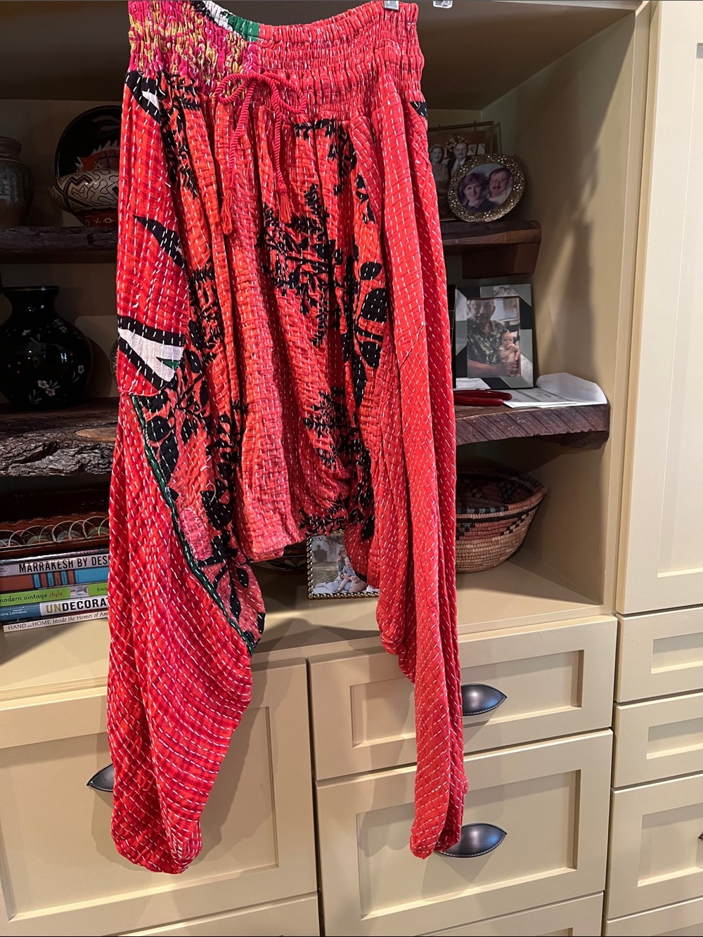Red Printed Harem Track Pants with Elastic Waist